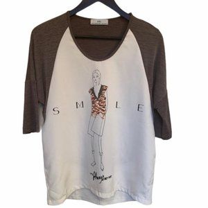 𝅺Zara Beige Top Raglan Sleeves Scoop Neck Graphic Size S